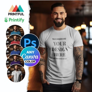Bella Canvas 3001 Tattooed Male Mockup, Tattoo Bartender B3001 Mock Any Printify Color, Urban Aesthetics Unisex Jersey Short Sleeve Tee Mock