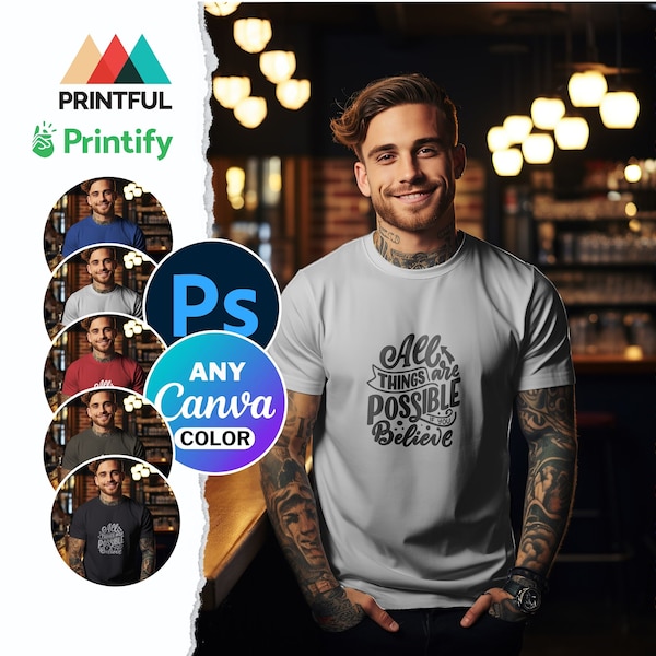 Bella Canvas 3001 Tattooed Male Mockup, Tattoo Bartender B3001 Mock Any Printify Color, Urban Aesthetics Unisex Jersey Short Sleeve Tee Mock