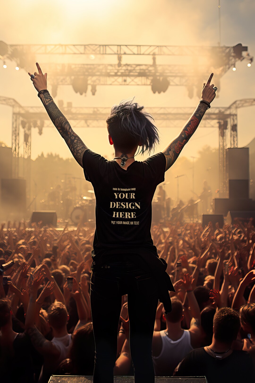 Backside T-shirt Mockup With Tattooed Punk Female Model at the Rock ...