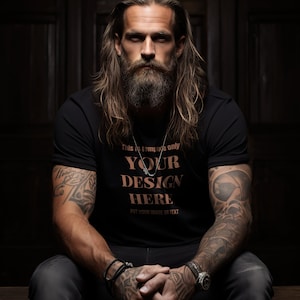 Black T-Shirt Mockup with Male Tattoo Model, Long Hair and Bearded Hipster Model, Urban Aesthetics, Handsome American Tattooed Man Mock