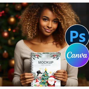 Spiral Notebook Mockup in Christmas Theme for Photoshop and Canva, Christmas Spiral Planner Mockup, Planner Mockup Journal for Canva and PSD