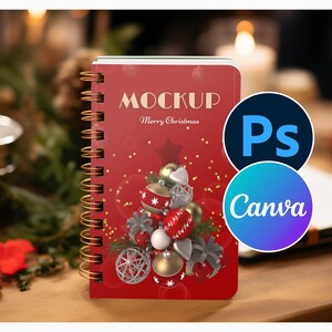 Spiral Notebook Mockup in Christmas Theme for Photoshop and Canva, Christmas Spiral Planner Mockup, Planner Mockup Journal for Canva and PSD