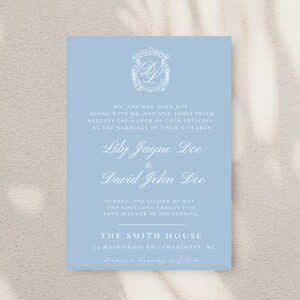Classic, grand millennial style blue wedding invitation