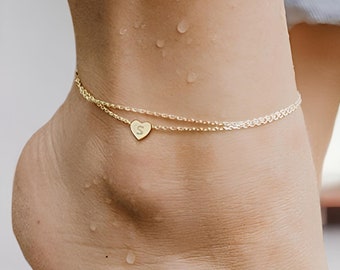 Dainty Heart Initial Letter Anklets for Women | Layered Love Anklets | Minimalist Summer Beach Anklets | Love Heart Anklet