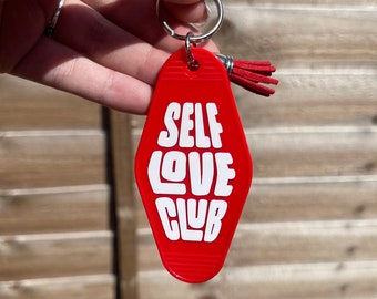 Self Love Club - Fun Personalised Motel Keyrings - Unique Slogan Keyrings - Quirky Vintage Style Gifts for Him & Her - Custom Retro Keyrings