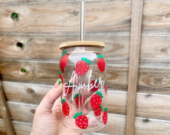 Personalised Strawberry Glass Tumbler with Straw and Bamboo Lid - Custom Name, 16oz Pastel Iced Coffee Cup, Libbey Cup