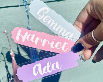 Name Acrylic Bookmark with Cotton Tassel - Customisable Pastel Colours - 3x11cm