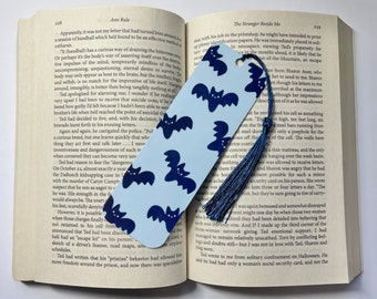 Bats Bookmark - Halloween Bookmarks - Witch's Hat, Pumpkin, Ghost, Cauldron - Laminated 300gsm Card with Cotton Tassel