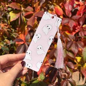 Ghost Bookmark - Halloween Bookmarks - Cauldron, Bats, Witch&#39;s Hat, Pumpkin - Laminated 300gsm Card with Cotton Tassel