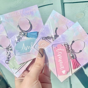 Name Acrylic Keyring with Cotton Tassel - Customisable Pastel Colours - 3x7cm