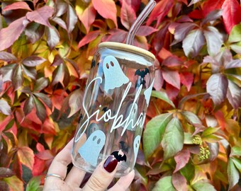 Personalised Ghost Glass Tumbler with Straw and Bamboo Lid - Custom Name, 16oz Iced Coffee Cup, Libbey Cup