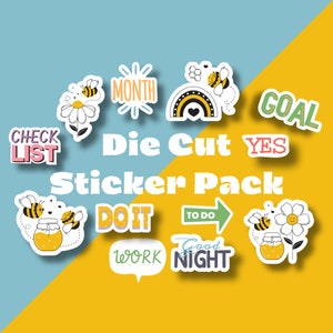 Könnte beinhalten: Ein Set bunter, ausgestanzter Aufkleber mit Bienen, Blumen und motivierenden Sprüchen wie "Check List", "Goal", "Do It", "Work", "Good Night", "To Do", "Yes" und "Month".