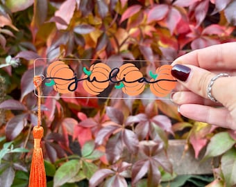 Pumpkin Name Acrylic Bookmark with Cotton Tassel - Customisable Colours - Halloween/Autumn Bookmark - 3x11cm