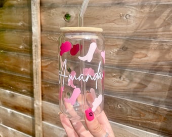 Personalised Cowboy Glass Tumbler with Straw and Bamboo Lid - Custom Name, 16oz Pastel Iced Coffee Cup, Libbey Cup - Cowboy Boot, Cowboy Hat