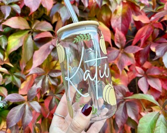 Personalised Pumpkin Glass Tumbler with Straw and Bamboo Lid - Custom Name, 16oz Iced Coffee Cup, Libbey Cup