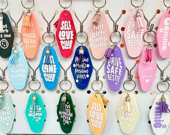 Fun Driving Motel Keychain with Coloured Tassel - Customisable Colours and Words - Motel Keyrings