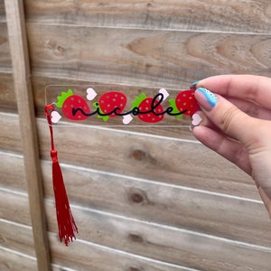 Naambladwijzer aardbei met katoenen kwastje - aanpasbare kleuren - 3 x 11 cm - zomerbladwijzer