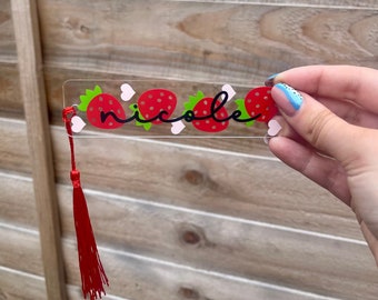 Strawberry Name Bookmark with Cotton Tassel - Customisable Colours - 3x11cm - Summer Bookmark