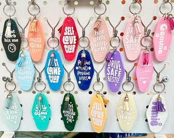Fun Motel Keychain with Coloured Tassel - Customisable Colours and Words - Driving Keyrings