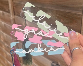 Name Acrylic Bookmark with Cotton Tassel - Customisable Pastel Colours - Cow Print
