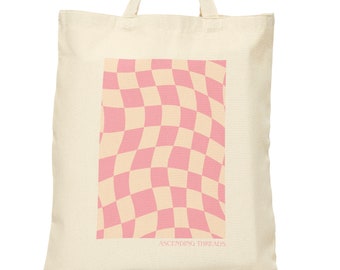nothing is linear tote - pink retro style checkered reusable tote bag sustainable ecofriendly gift for climbers, skaters etc.