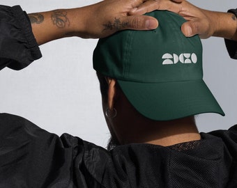 Embroidered Abstract Shapes / Climbing Holds Dad Hat in Navy, Dark Green, Off white. Baseball Cap White