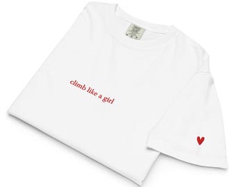 Cropped Climb Like a Girl Embroidered Heart Tee Shirt Rock Climber Tshirt Crop Top, Gift for Her, Bouldering Shirt