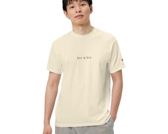 Love is Love Pride Embroidered Rainbow letters Full Length Tshirt Heart on Sleeve