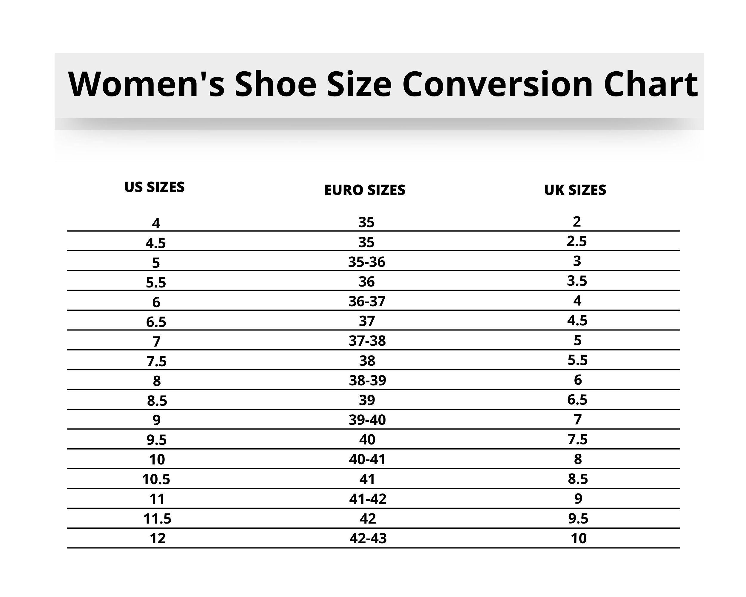 Shoe Size Chart For Women Size Guide For Women Shoe Size Chart Etsy