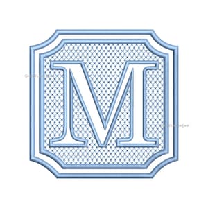 May include: A light blue monogram letter M with a decorative border and a grid pattern inside. The letter is in a white font.