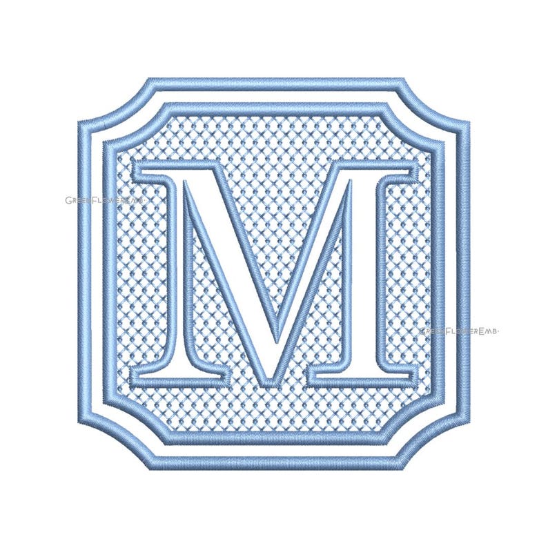 May include: A light blue monogram letter M with a decorative border and a grid pattern inside. The letter is in a white font.