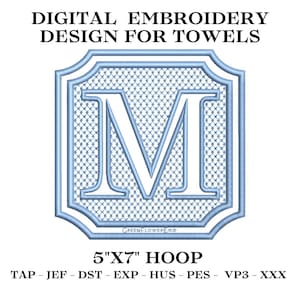 May include: A blue and white embroidery design of the letter M in a square frame. The design is for a 5x7 inch hoop and is available in multiple formats, including TAP, JEF, DST, EXP, HUS, PES, VP3, and XXX.