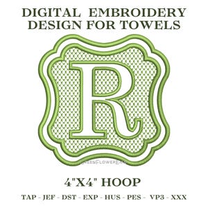 May include: A digital embroidery design for towels featuring a large capital letter R in a light green shade. The letter is centred within a scalloped frame with a textured grid pattern. Text reads DIGITAL EMBROIDERY DESIGN FOR TOWELS and 4"X4" HOOP.