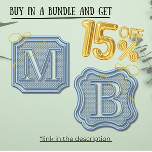 May include: Two light blue embroidered patches featuring the letters M and B, each with a decorative border and a yellow thread accent. The text reads BUY IN A BUNDLE AND GET 15% OFF and *link in the description in black lettering.