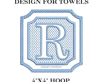 Embossed Towel and Plush Fabric Complete Square Rope Border Monogram Embroidery Design 4x4 Hoop| Knock Down Machine Embroidery Monogram Font