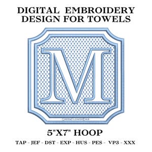 May include: A digital embroidery design for towels featuring a large capital letter M centered within a light blue square frame with rounded corners and a textured grid pattern. The text reads DIGITAL EMBROIDERY DESIGN FOR TOWELS 5"X7" HOOP.