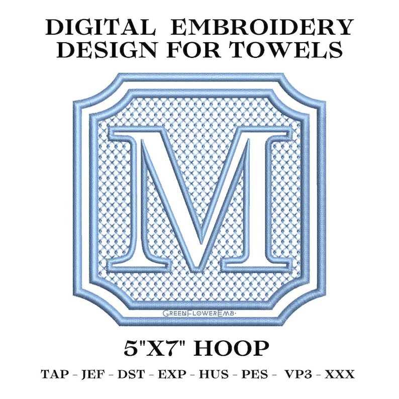 May include: A digital embroidery design for towels featuring a large capital letter M centered within a light blue square frame with rounded corners and a textured grid pattern. The text reads DIGITAL EMBROIDERY DESIGN FOR TOWELS 5"X7" HOOP.