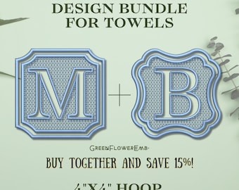 Embossed Square & Clover Royal Monogram Embroidery Design Bundle for Towels, Plush Fabric (4x4 Hoop) / Knock Down Machine Embroidery PES