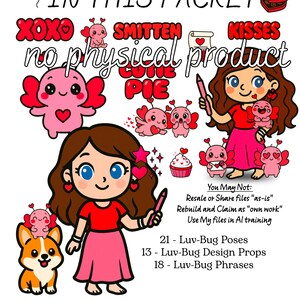 May include: A digital clipart set with a Valentine's Day theme. The image features cartoon illustrations of girls, hearts, and winged creatures. Text includes phrases like "XOXO," "Smitten," and "Kisses." The set includes poses, design props, and phrases.