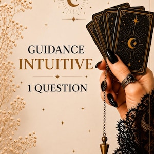 Peut inclure: Image avec fond beige et texte "Guidance Intuitive 1 Question". Cartes de tarot noires avec motifs de lune et d'étoiles dorées, tenues avec un pendule. Le design inclut une lune et des étoiles.