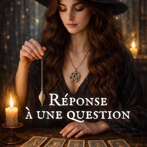 Può includere: Una donna con cappello e vestito neri, tiene un pendolo. Sono presenti carte dei tarocchi, una candela accesa e la scritta "RÉPONSE À UNE QUESTION". La donna indossa una collana con un pentacolo.