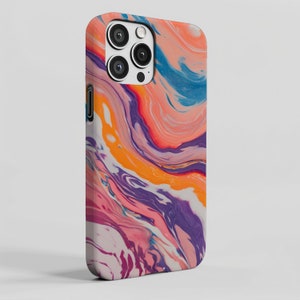 May include: A colorful phone case with a swirling abstract design. The case features a mix of pink, orange, purple, and blue hues, creating a marbled effect. The case has a camera cutout and button access.
