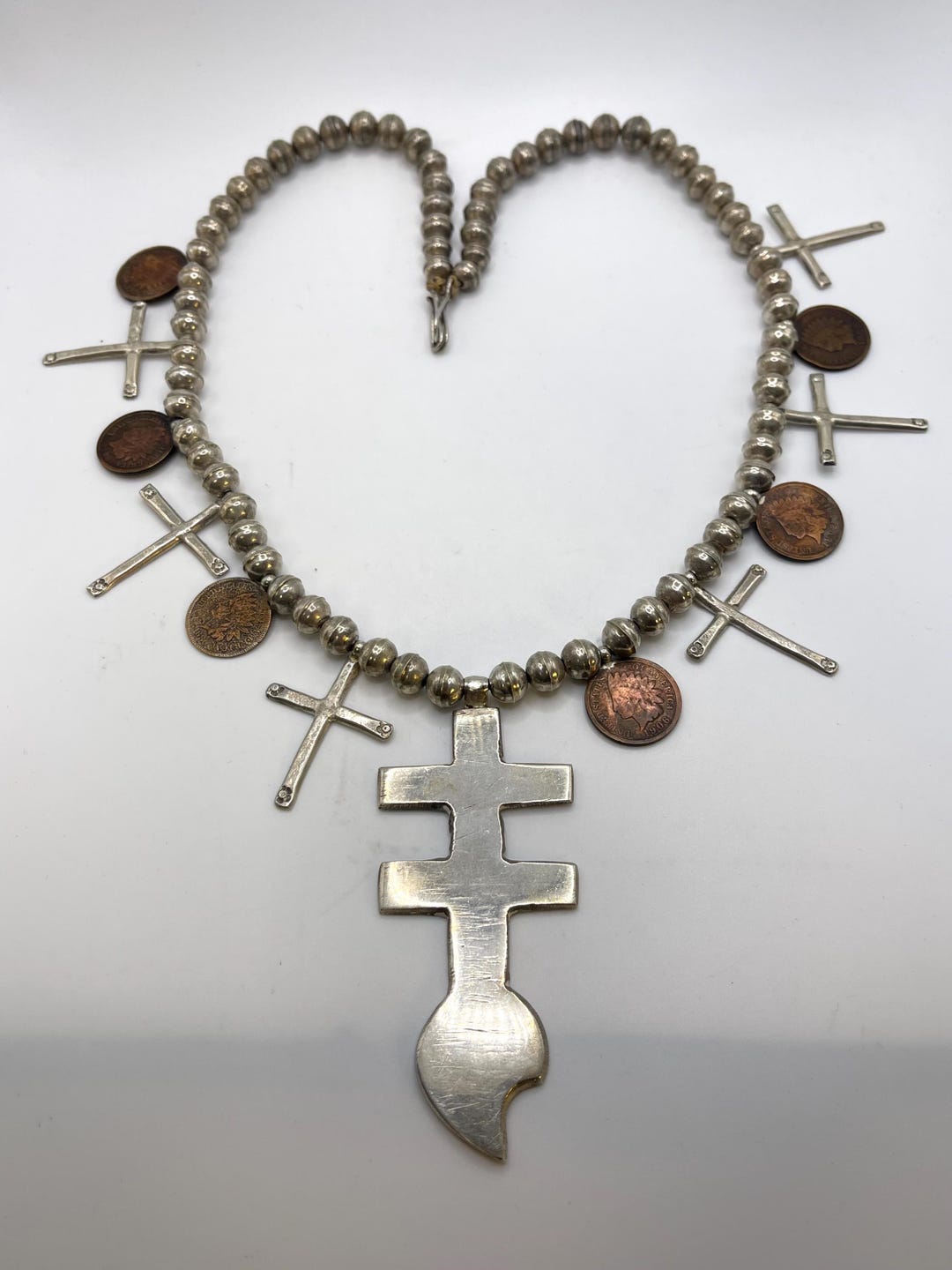 Antique Isleta Cross Pueblo Navajo Sterling Silver and Sinew