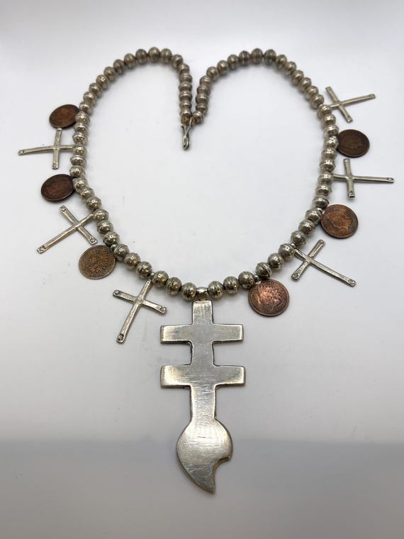 Antique Isleta Cross Pueblo Navajo Sterling Silver and Sinew
