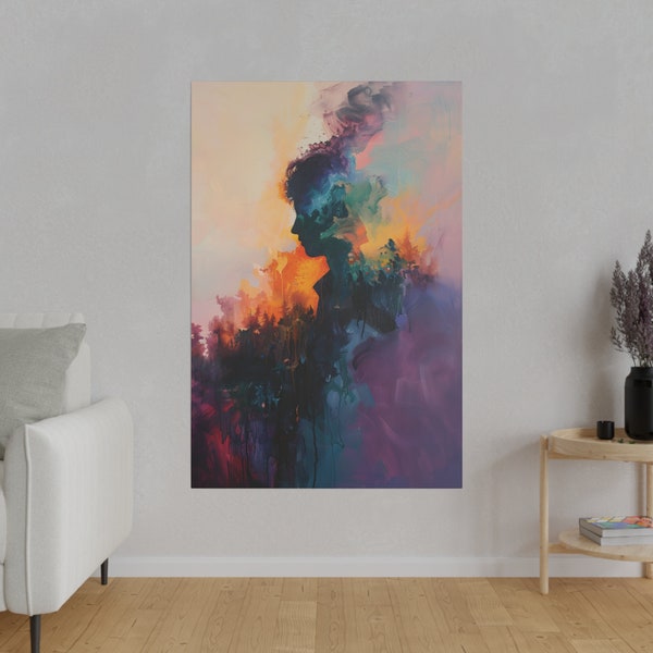 Colorful Thoughts - Vivid Silhouette Abstract Canvas Wall Art, Psychedelic Forest Artwork for Modern Home Decor