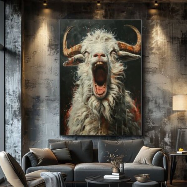 Roaring Silence: Majestic Mountain Goat, Primal Energy Unleashed, Intense Wildlife Portrait, Dramatic Animal Canvas Art