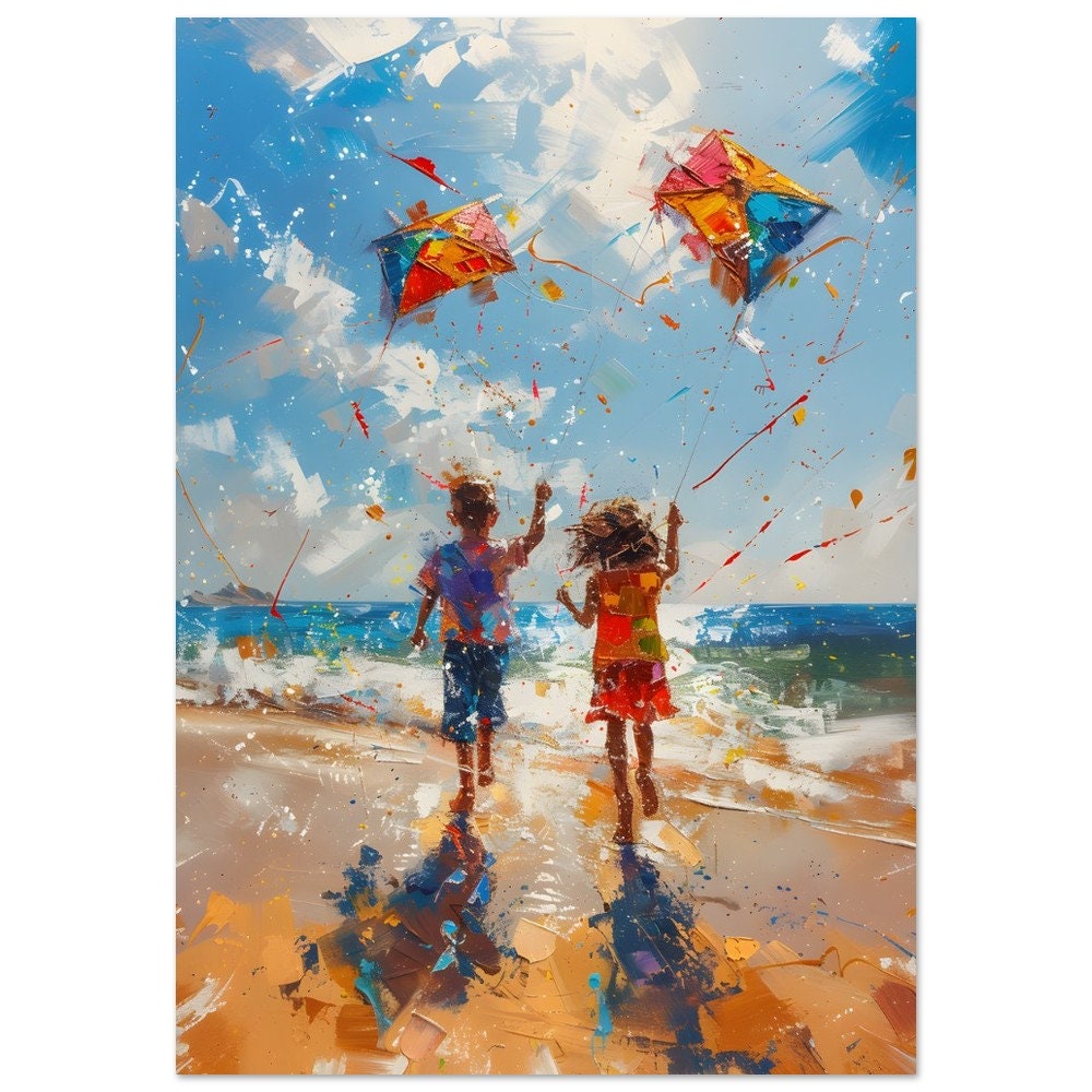 Joyful Seaside Kite Flying Art - Colorful Beach Day Painting, Emotional Art Gift, Beach Wall Decor, Seaside Art Print