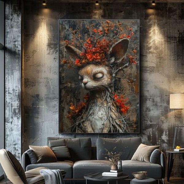 Whispering Woods: Mystic Rabbit with Autumn Leaf Tiara, Ethereal Creature Artwork, Surreal Nature-Inspired Canvas Print