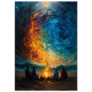 Beachside Bonfire Night Art Print - Coastal Wall Decor, Serene Beach Art for Home, Sunset Ocean Scene Poster