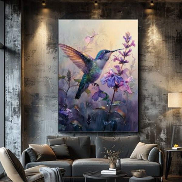 Hummingbird Morning Bliss - Watercolor Floral Symphony, Gentle Dawn Dewdrops, Nature-Inspired Serene Bird Wall Art